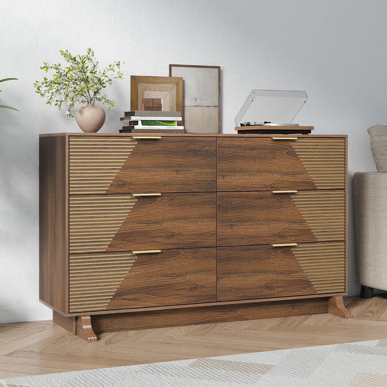 Gyfimoie Dresser for Bedroom, Mid-Century Modern Walnut Chest of 6 Drawers with Asymmetrical Fluted Front, Sturdy Wood Storage Organizer with Anti-Sag Drawer Support & Metal Handles, 47" Wide (Walnut)