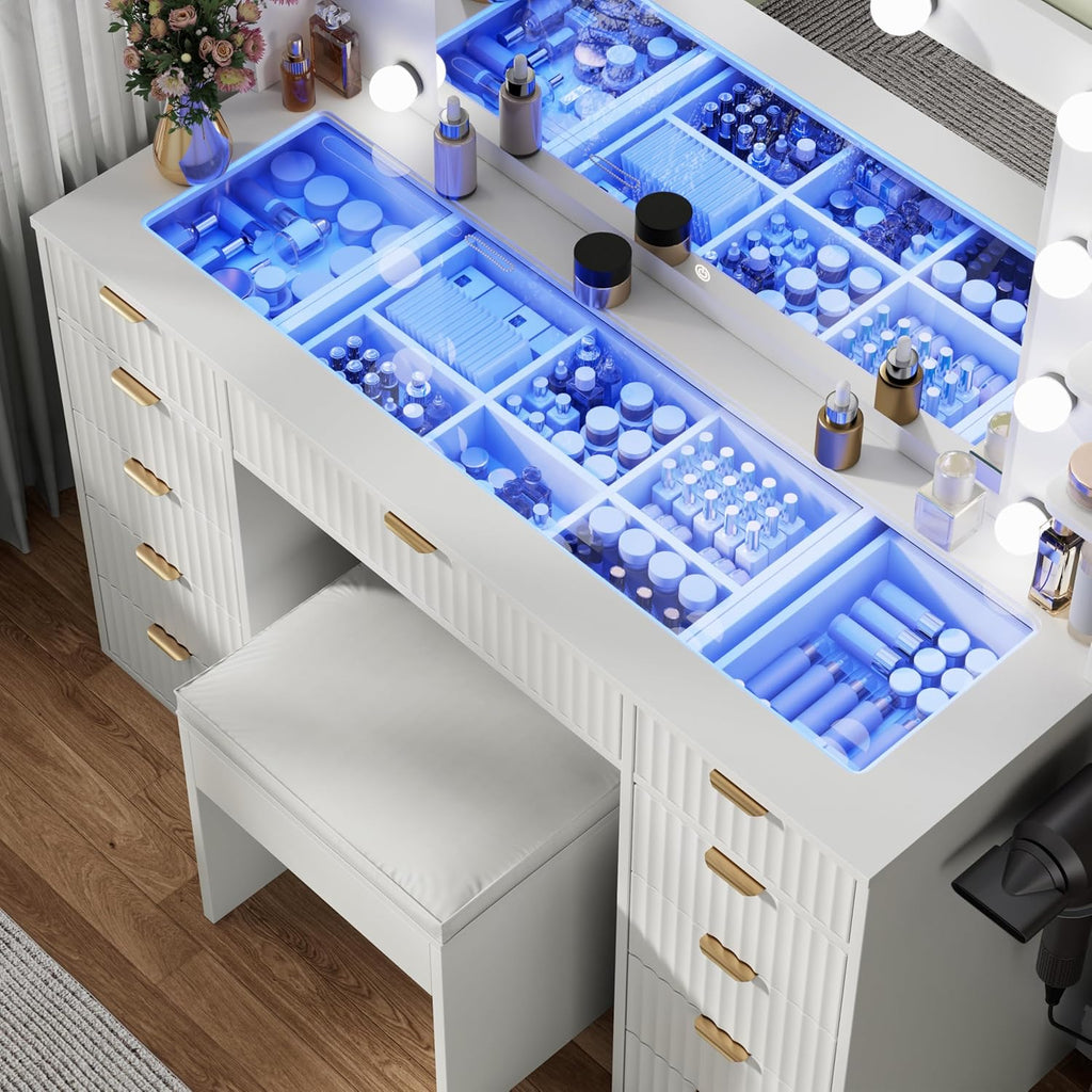 Vanity Desk with Glass Top and 11 LED Bulbs,Makeup table with Large Mirror & Power Outlet,Hair Dryer Holder,Dressing Table with 11 Drawers & Cushioned Stool for Women and Girls,Bedroom (White)
