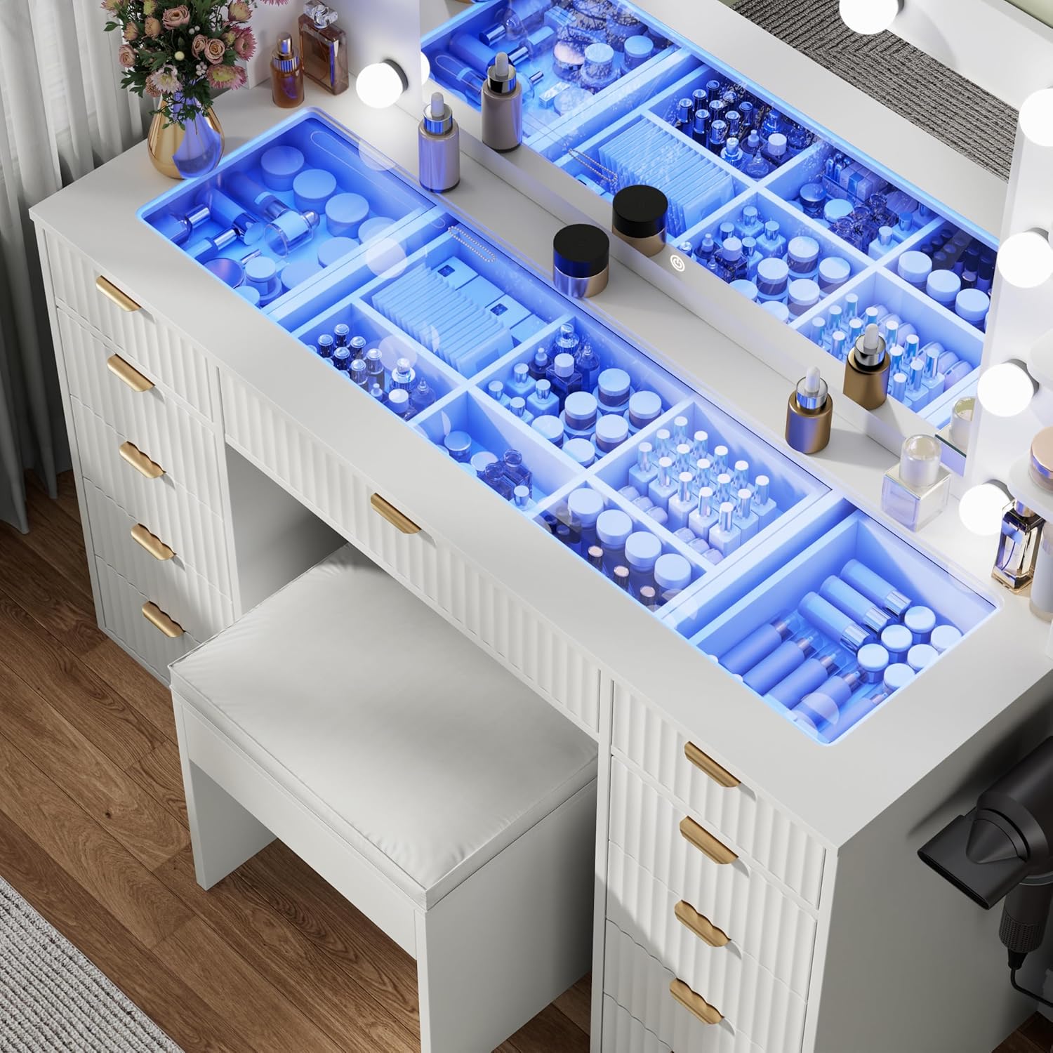 Vanity Desk with Glass Top and 11 LED Bulbs,Makeup table with Large Mirror & Power Outlet,Hair Dryer Holder,Dressing Table with 11 Drawers & Cushioned Stool for Women and Girls,Bedroom (White)