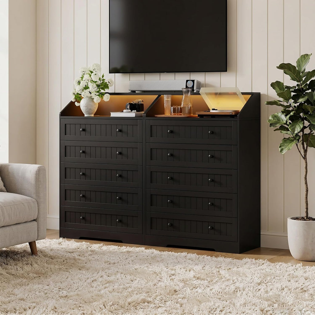Black 5 Drawer Dresser for Bedroom, Chest of Drawers with Outlet & LED
