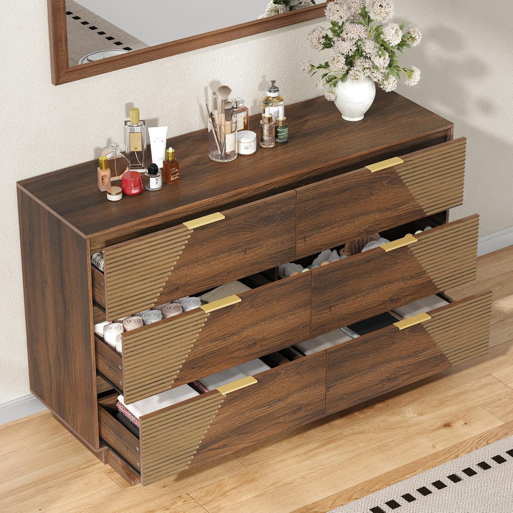 Gyfimoie Dresser for Bedroom, Mid-Century Modern Walnut Chest of 6 Drawers with Asymmetrical Fluted Front, Sturdy Wood Storage Organizer with Anti-Sag Drawer Support & Metal Handles, 47" Wide (Walnut)