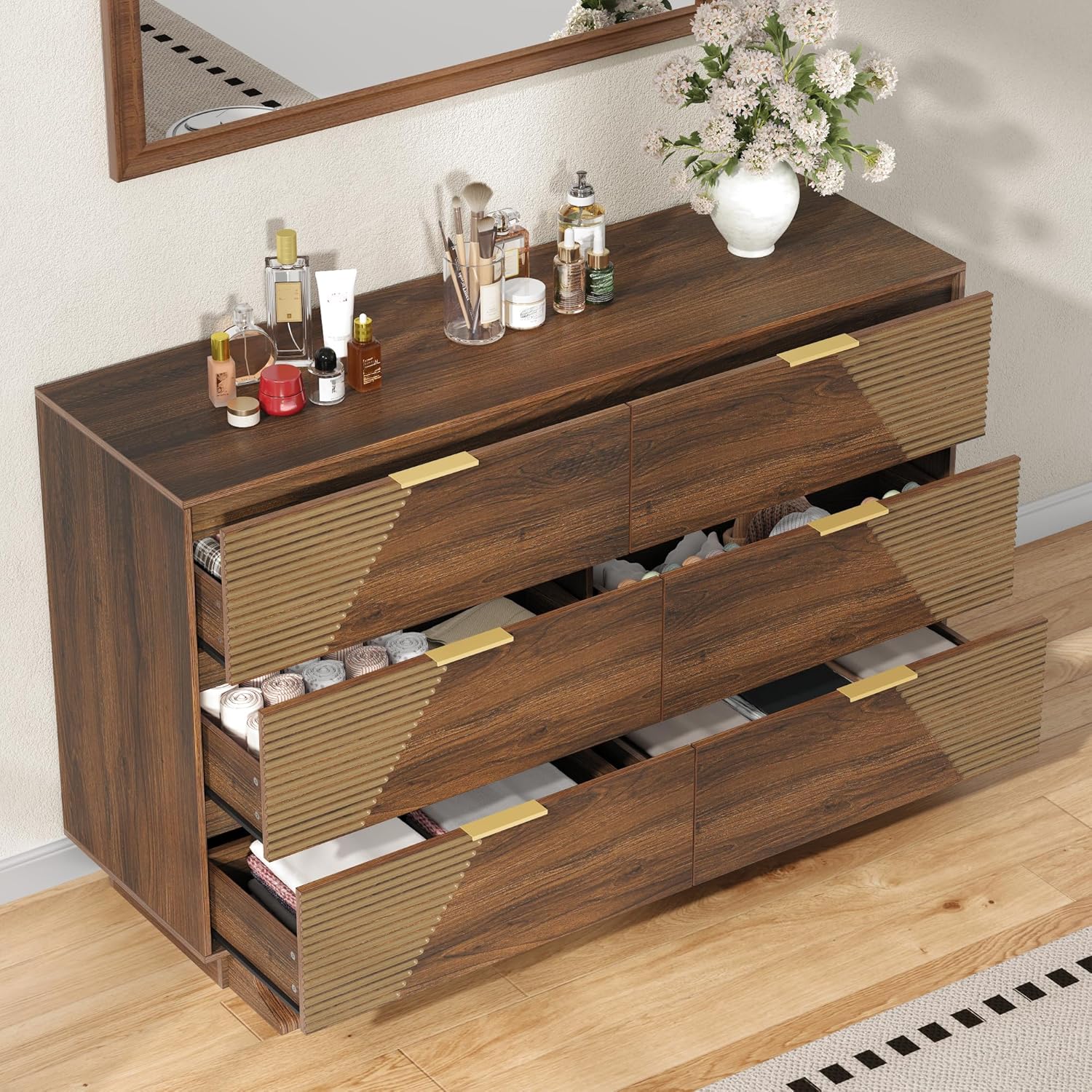 Gyfimoie Dresser for Bedroom, Mid-Century Modern Walnut Chest of 6 Drawers with Asymmetrical Fluted Front, Sturdy Wood Storage Organizer with Anti-Sag Drawer Support & Metal Handles, 47" Wide (Walnut)