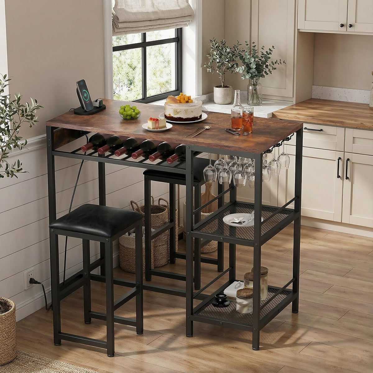 36"W Bar Table and Chairs Set of 2 with Power Outlet & 2 Shelves (Walnut)