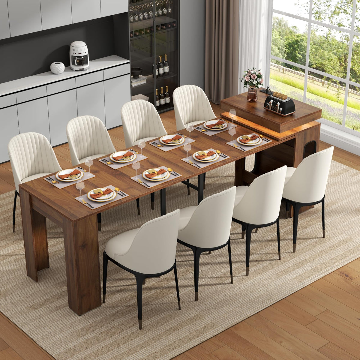 Expandable Room Dining Table with Power Outlet, Space-Saving Dining Table