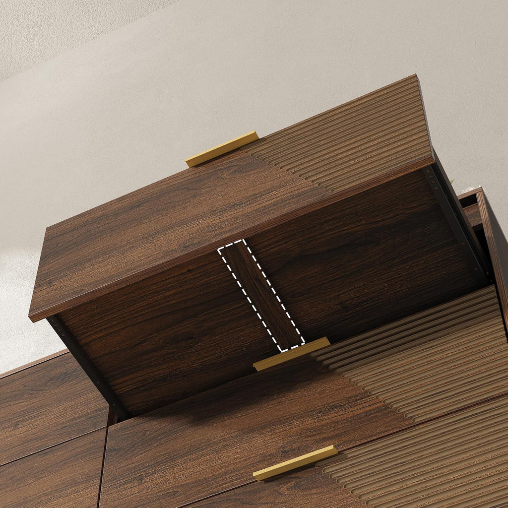 Gyfimoie Dresser for Bedroom, Mid-Century Modern Walnut Chest of 6 Drawers with Asymmetrical Fluted Front, Sturdy Wood Storage Organizer with Anti-Sag Drawer Support & Metal Handles, 47" Wide (Walnut)