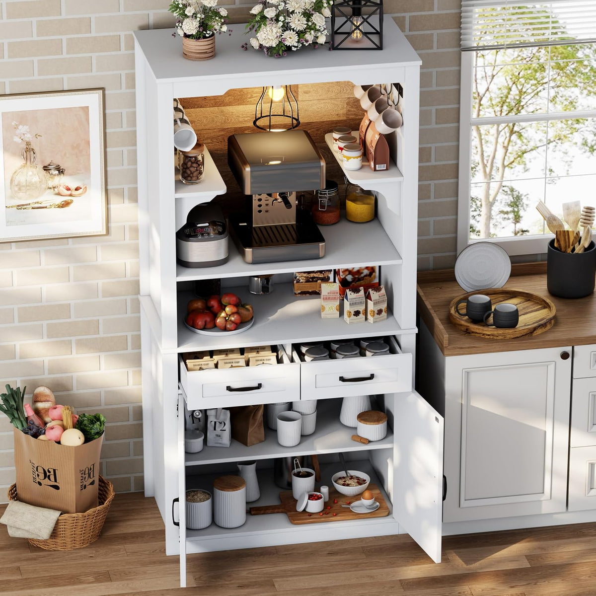 Farmhouse Coffee Bar Cabinet with Led Light - 70.8'' Tall Coffee Hutch Cabinet with Storage Drawers & Hooks, White Buffet Sideboard Cabinet with Microwave Stand, Wine Bar Cabinet for Home Pub, Kitchen