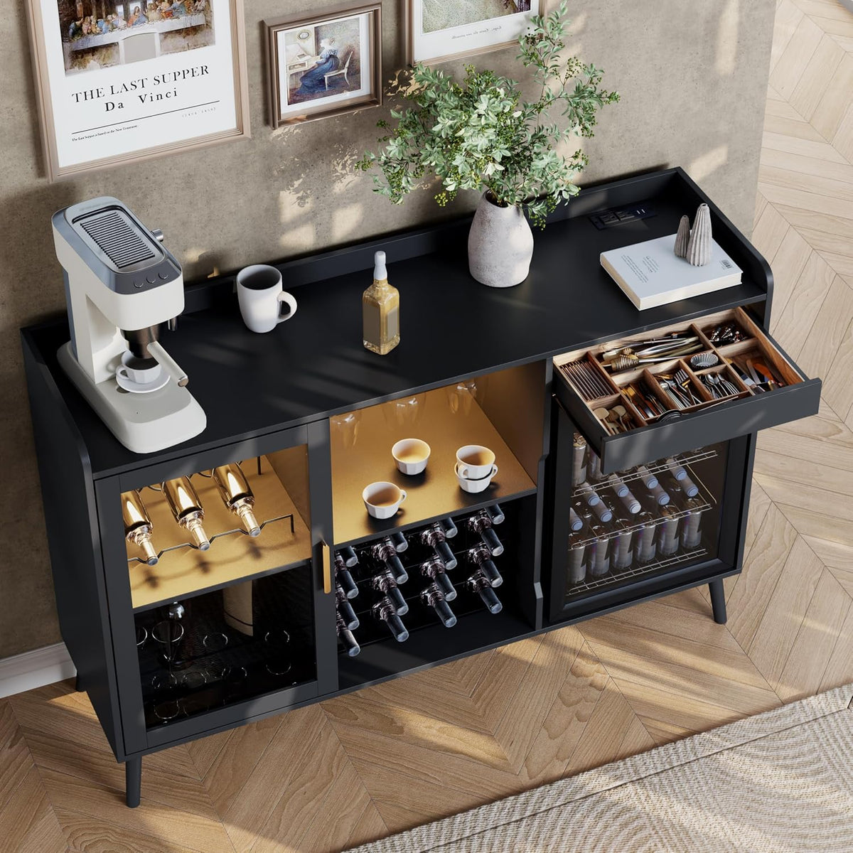Coffee Bar Cabinet with Open Compartment, Kitchen Coffee Station with Power Outlets & LED Light, Modern Coffee Bar Table with Storage Cabinet, Coffee Bar Furniture for Kitchen, Living Room, Black