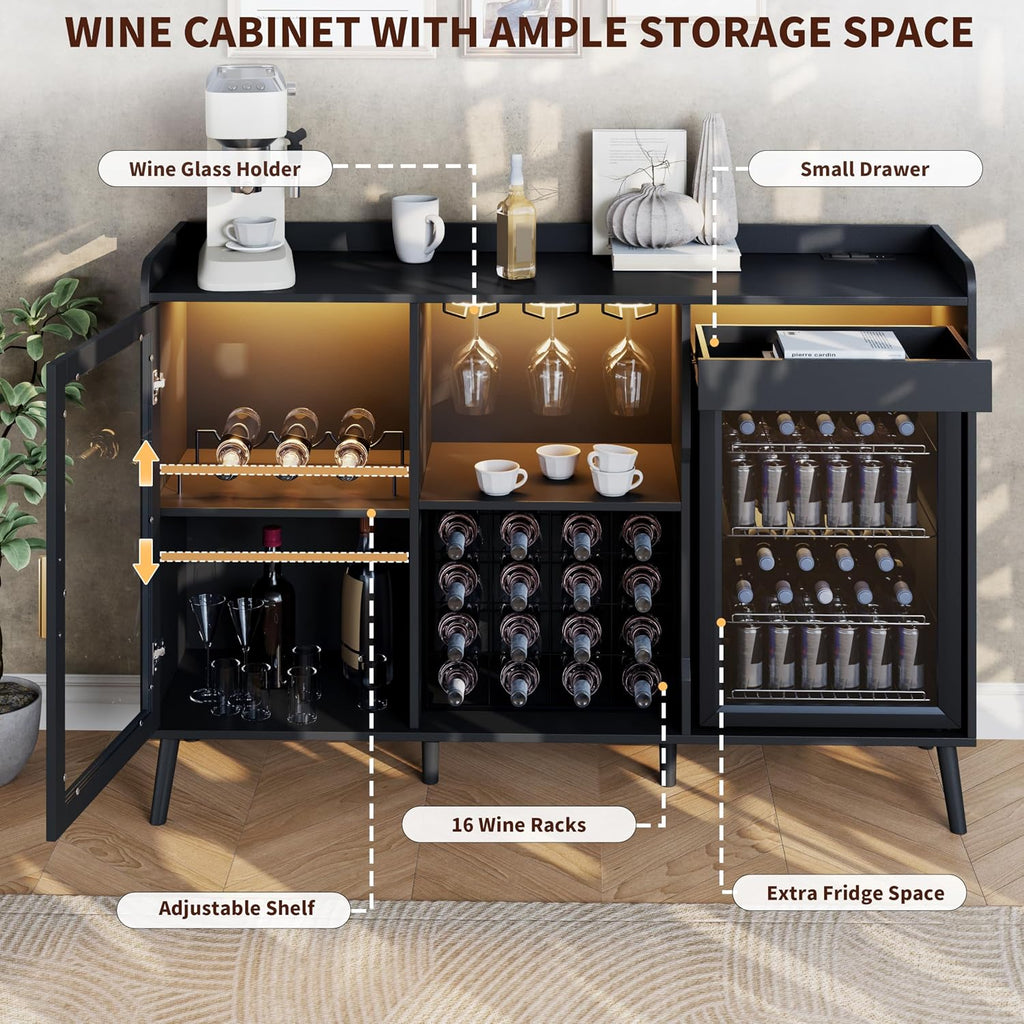 Coffee Bar Cabinet with Open Compartment, Kitchen Coffee Station with Power Outlets & LED Light, Modern Coffee Bar Table with Storage Cabinet, Coffee Bar Furniture for Kitchen, Living Room, Black
