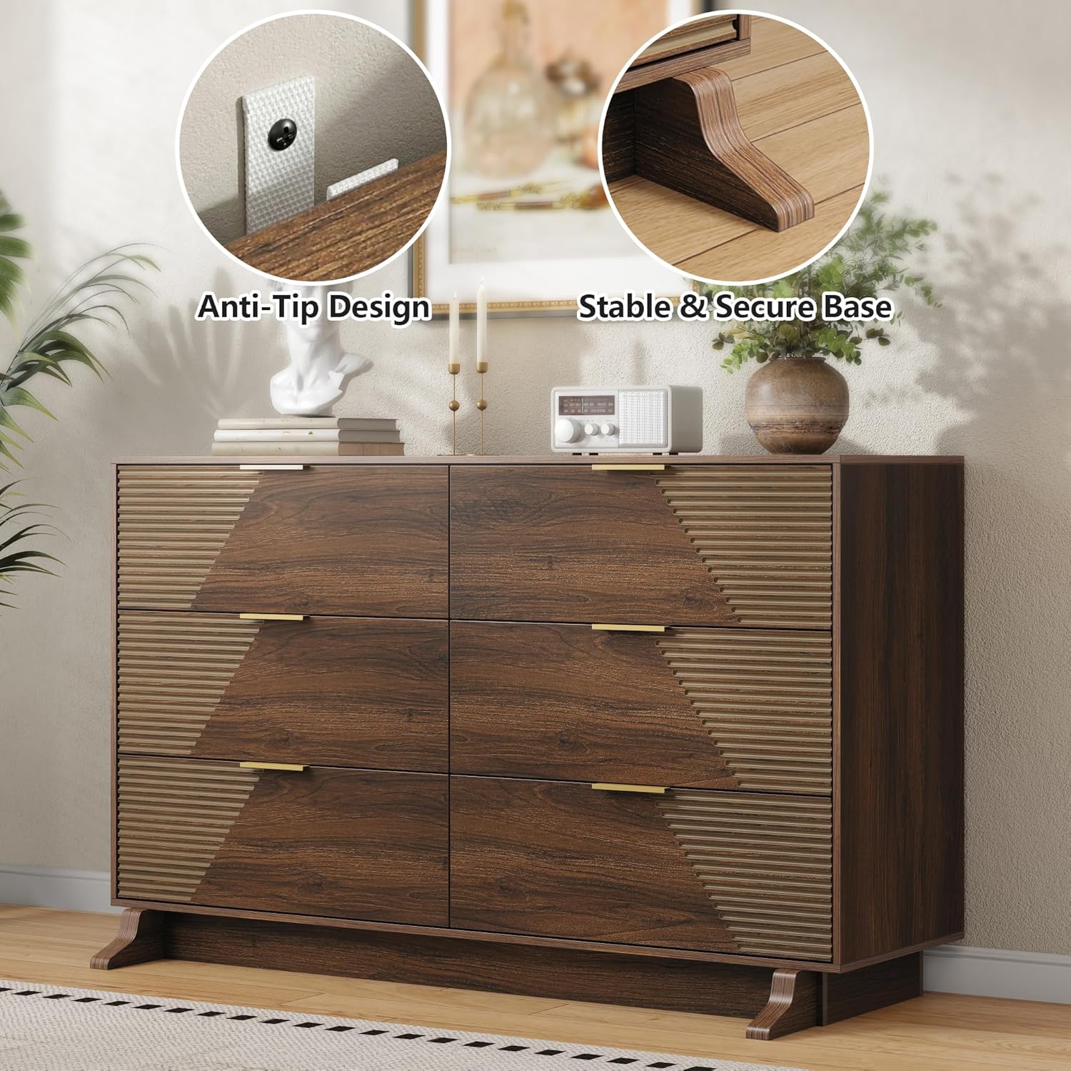 Gyfimoie Dresser for Bedroom, Mid-Century Modern Walnut Chest of 6 Drawers with Asymmetrical Fluted Front, Sturdy Wood Storage Organizer with Anti-Sag Drawer Support & Metal Handles, 47" Wide (Walnut)