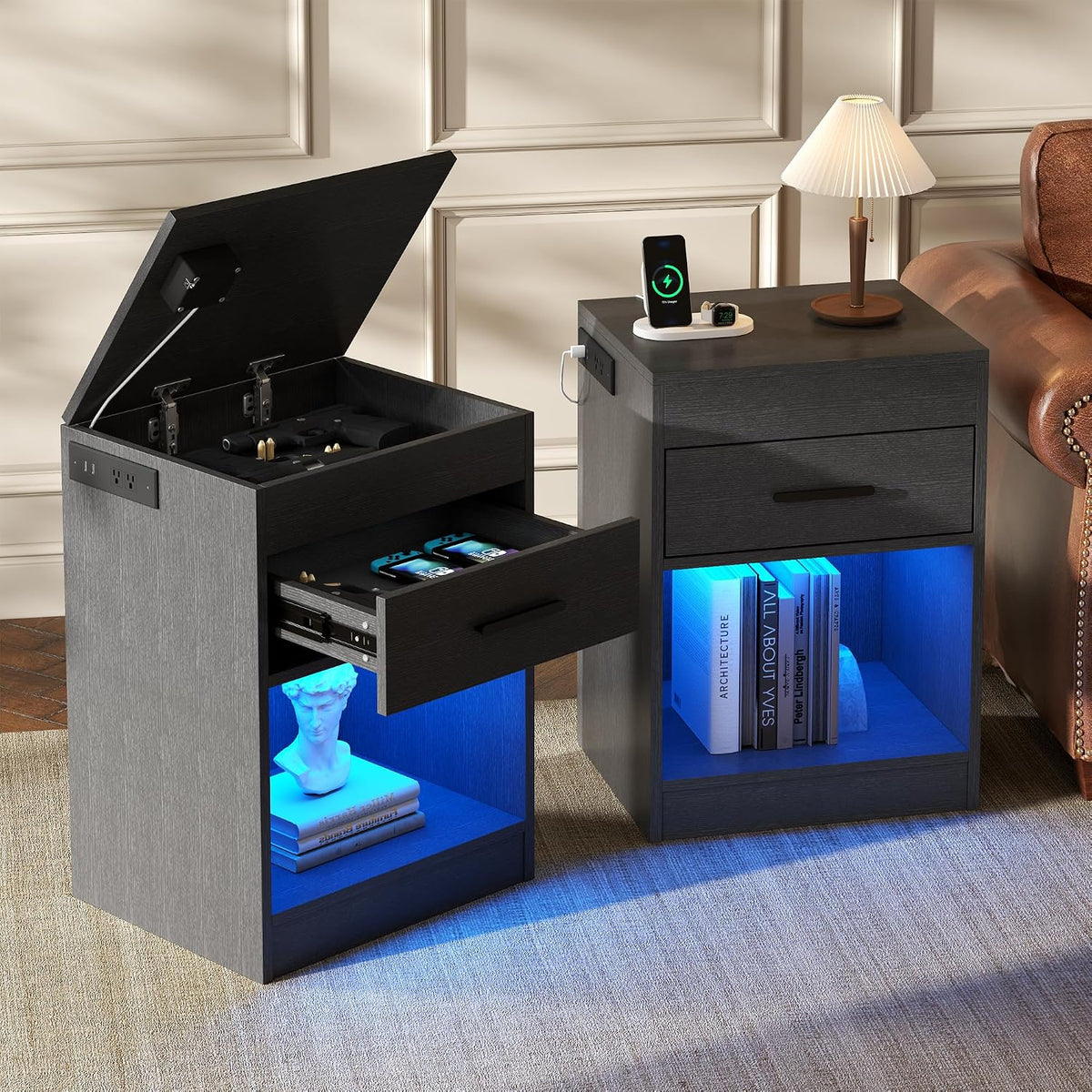 Auromie Set of 2 Nightstand with Charging Station and LED Lights, Bedside Table with Hidden Compartment for Valuables Storage, Concealment Furniture with Lock Cabinet and Power Outlets(Black- 2pcs)