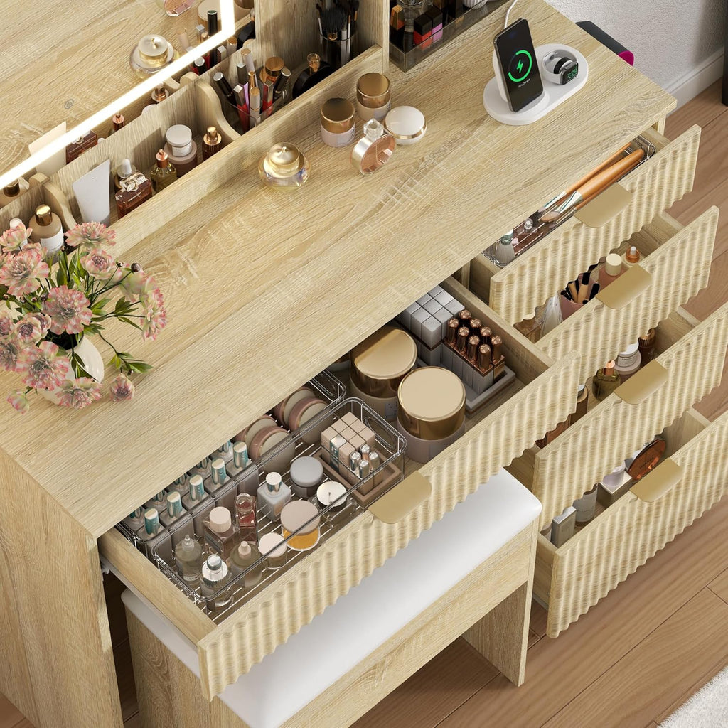 Fluted Vanity Desk with Hidden Storage Stool and Large Mirror,Makeup Vanity Table with 5 Drawers & Charging Station,3 Lighting Modes & Adjustable shelf,Dressing Table for Women Girls Bedroom, Oak