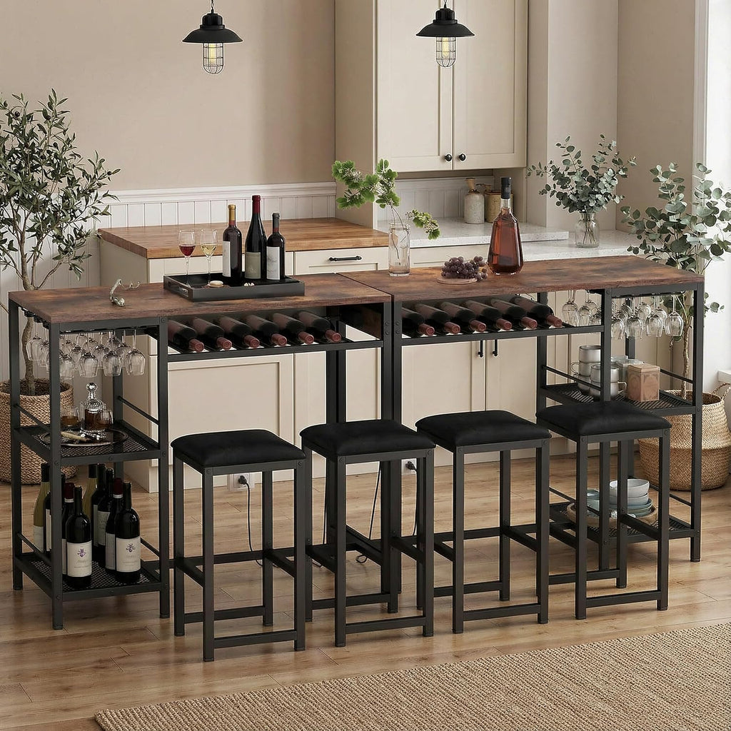 36"W Bar Table and Chairs Set of 2 with Power Outlet & 2 Shelves (Walnut)
