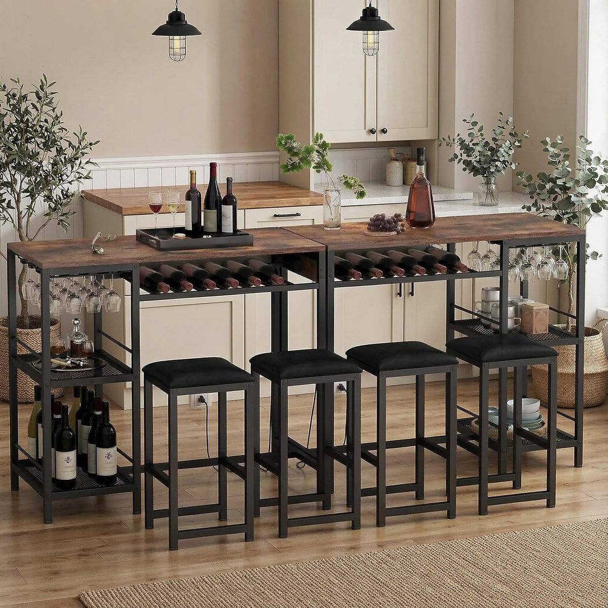 36"W Bar Table and Chairs Set of 2 with Power Outlet & 2 Shelves (Walnut)