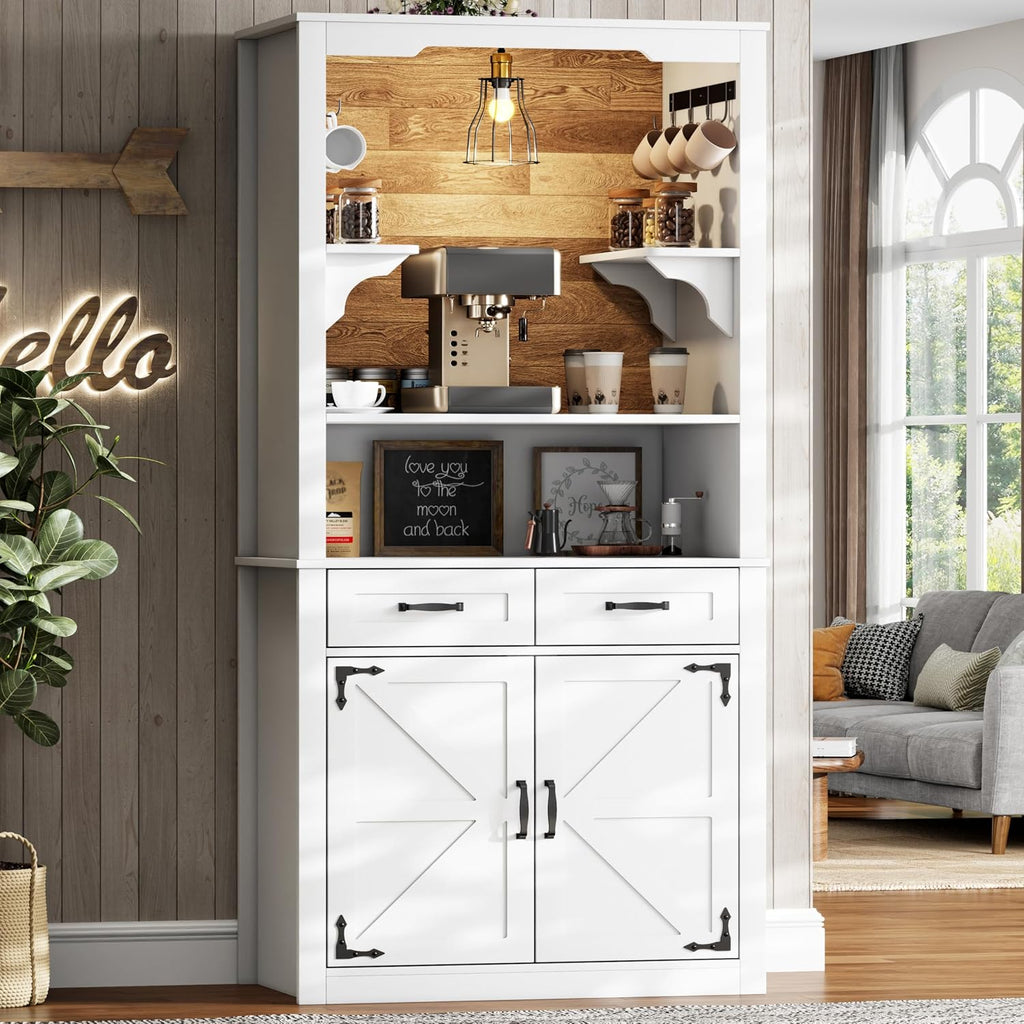 Farmhouse Coffee Bar Cabinet with Led Light - 70.8'' Tall Coffee Hutch Cabinet with Storage Drawers & Hooks, White Buffet Sideboard Cabinet with Microwave Stand, Wine Bar Cabinet for Home Pub, Kitchen