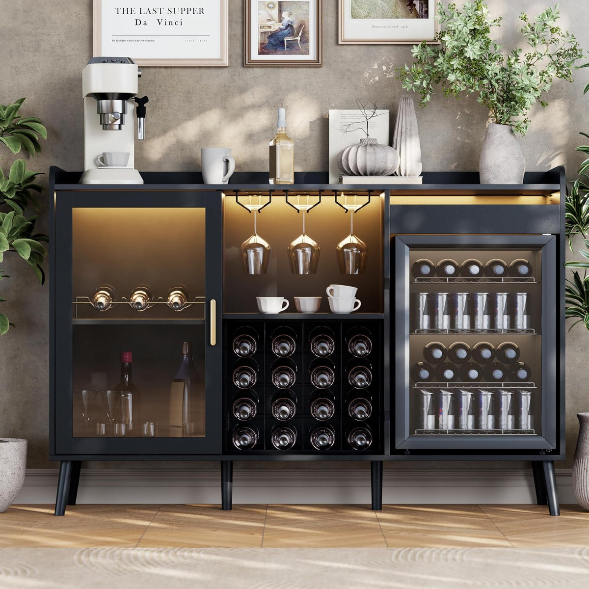 Coffee Bar Cabinet with Open Compartment, Kitchen Coffee Station with Power Outlets & LED Light, Modern Coffee Bar Table with Storage Cabinet, Coffee Bar Furniture for Kitchen, Living Room, Black
