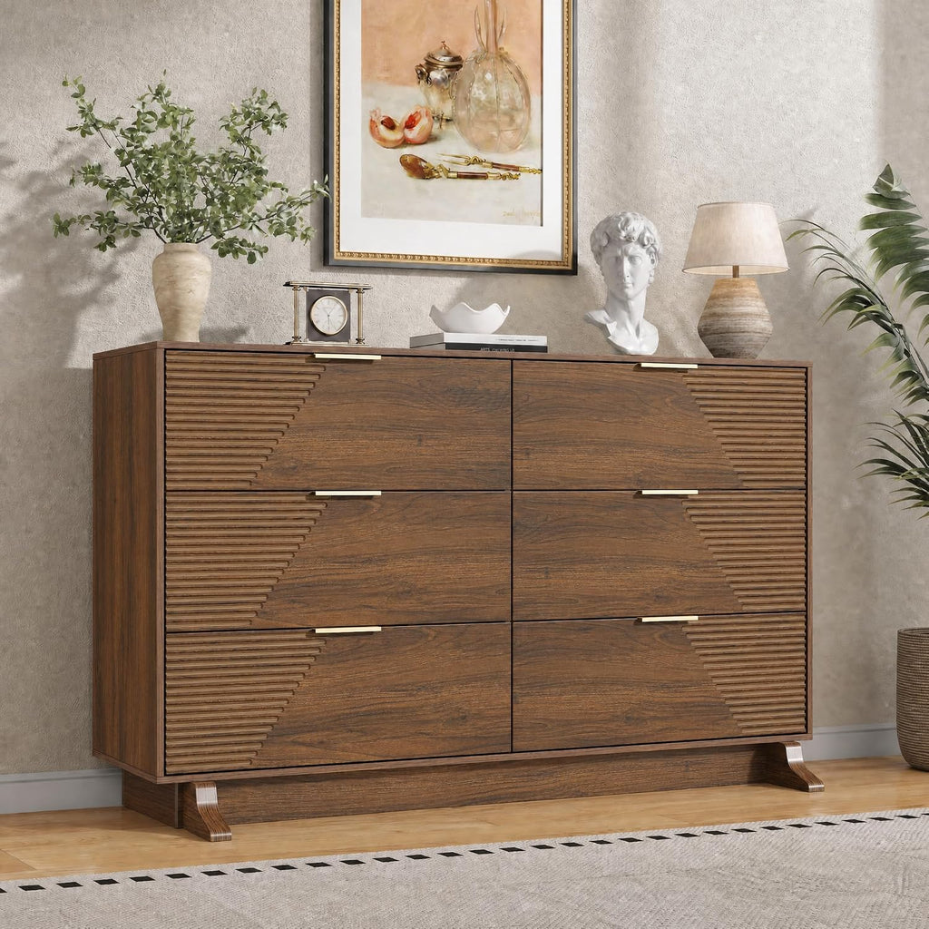 Gyfimoie Dresser for Bedroom, Mid-Century Modern Walnut Chest of 6 Drawers with Asymmetrical Fluted Front, Sturdy Wood Storage Organizer with Anti-Sag Drawer Support & Metal Handles, 47" Wide (Walnut)