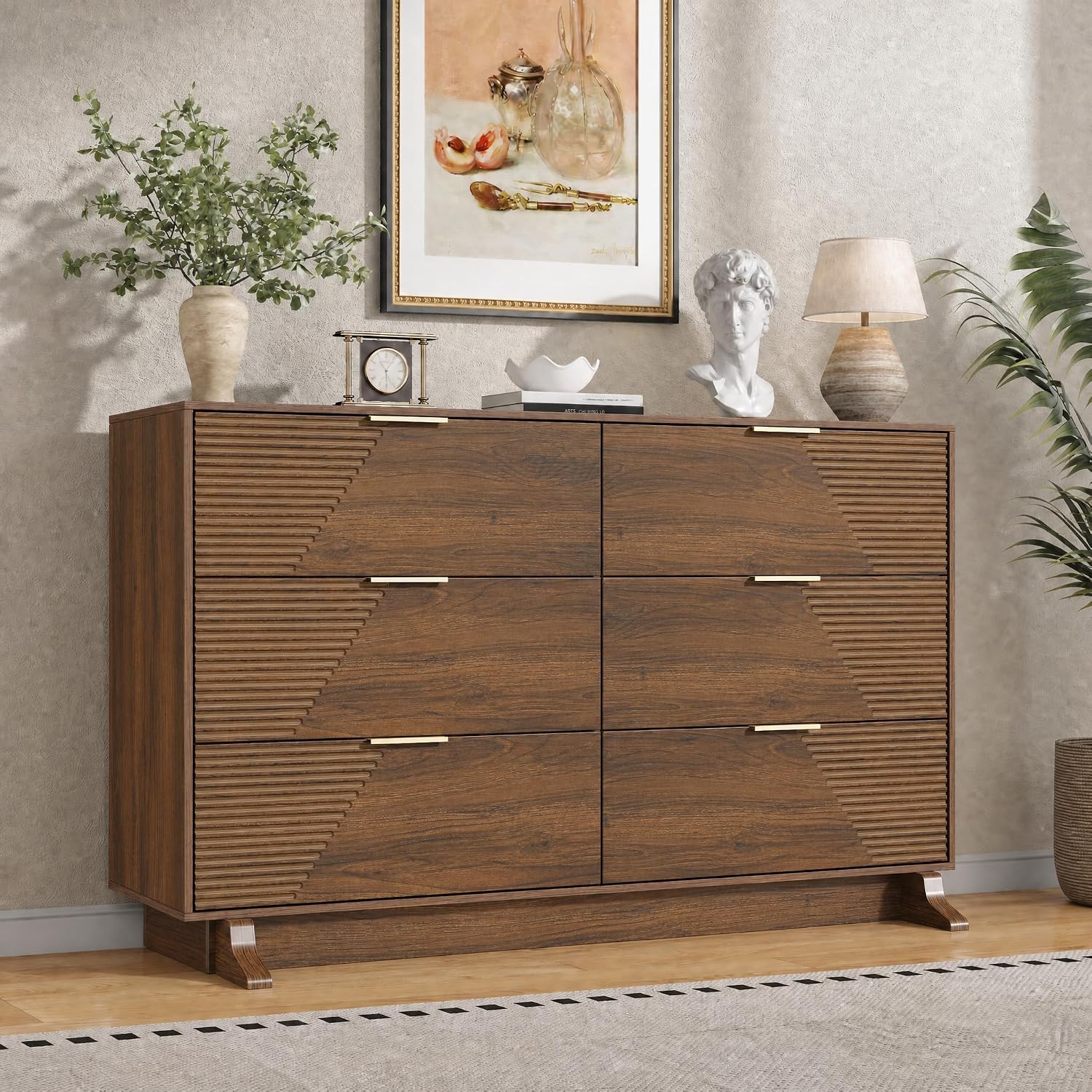 Gyfimoie Dresser for Bedroom, Mid-Century Modern Walnut Chest of 6 Drawers with Asymmetrical Fluted Front, Sturdy Wood Storage Organizer with Anti-Sag Drawer Support & Metal Handles, 47" Wide (Walnut)