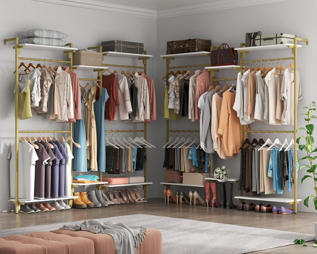 White/Gold Wall Mount Clothes Rack with 5 Hanging Rods, 6 Storage Shelves