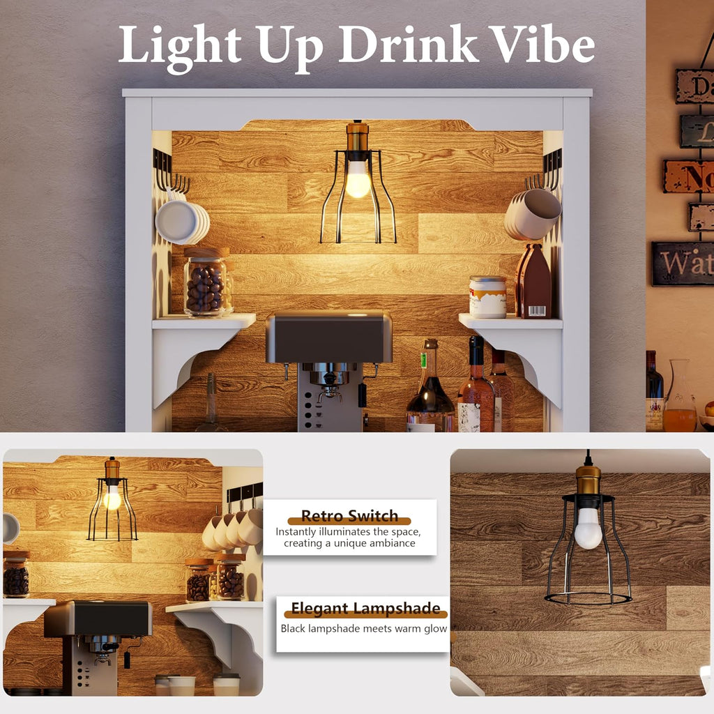 Farmhouse Coffee Bar Cabinet with Led Light - 70.8'' Tall Coffee Hutch Cabinet with Storage Drawers & Hooks, White Buffet Sideboard Cabinet with Microwave Stand, Wine Bar Cabinet for Home Pub, Kitchen