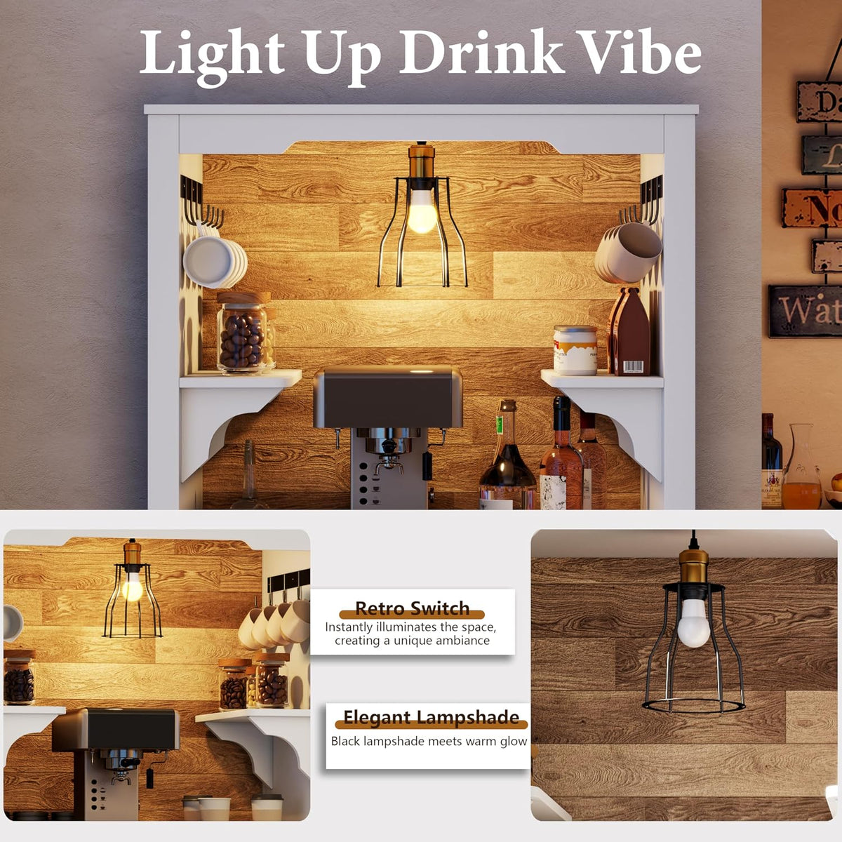 Farmhouse Coffee Bar Cabinet with Led Light - 70.8'' Tall Coffee Hutch Cabinet with Storage Drawers & Hooks, White Buffet Sideboard Cabinet with Microwave Stand, Wine Bar Cabinet for Home Pub, Kitchen