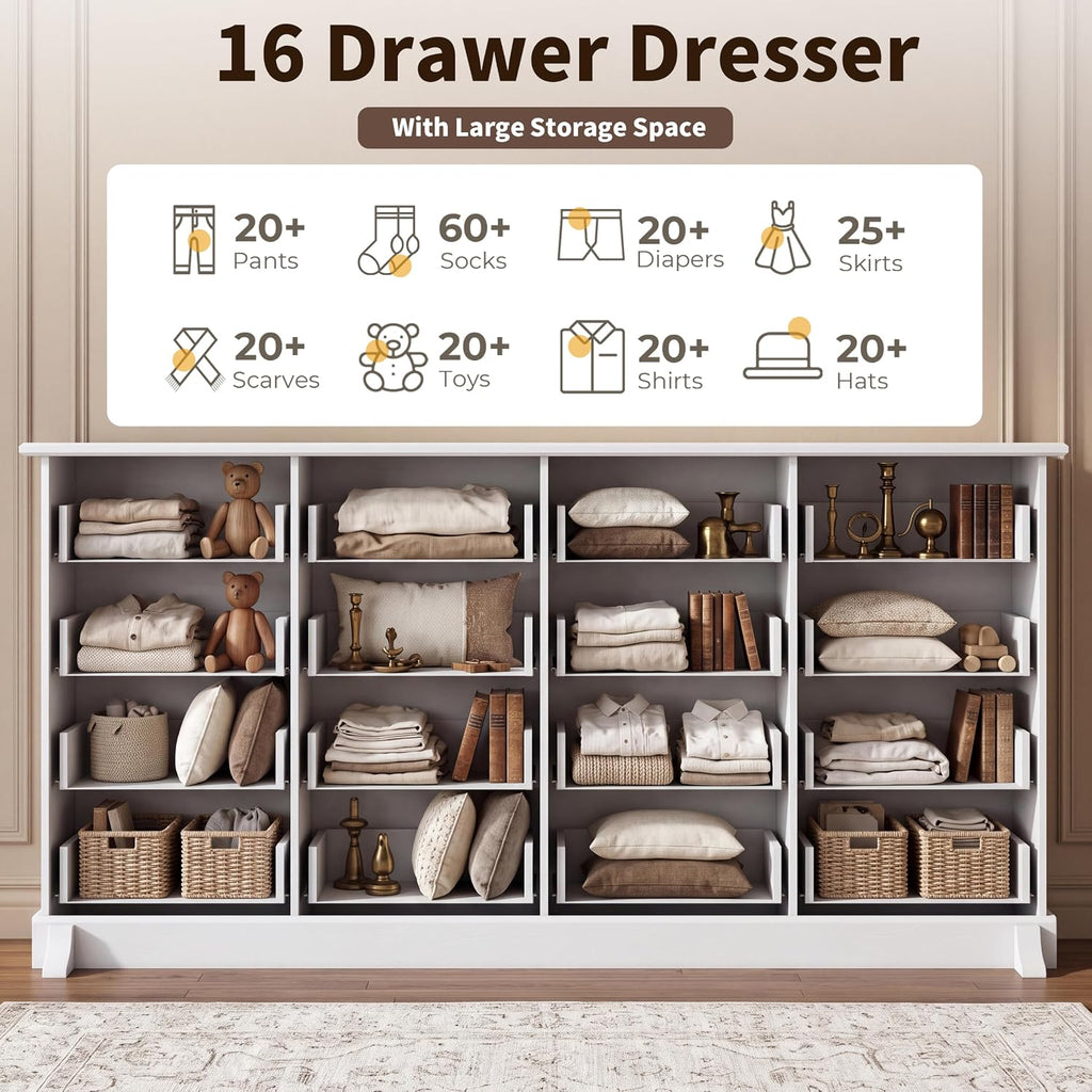 Loomie 16-Drawer Dresser for Bedroom, 63-Inch Wide White Dresser