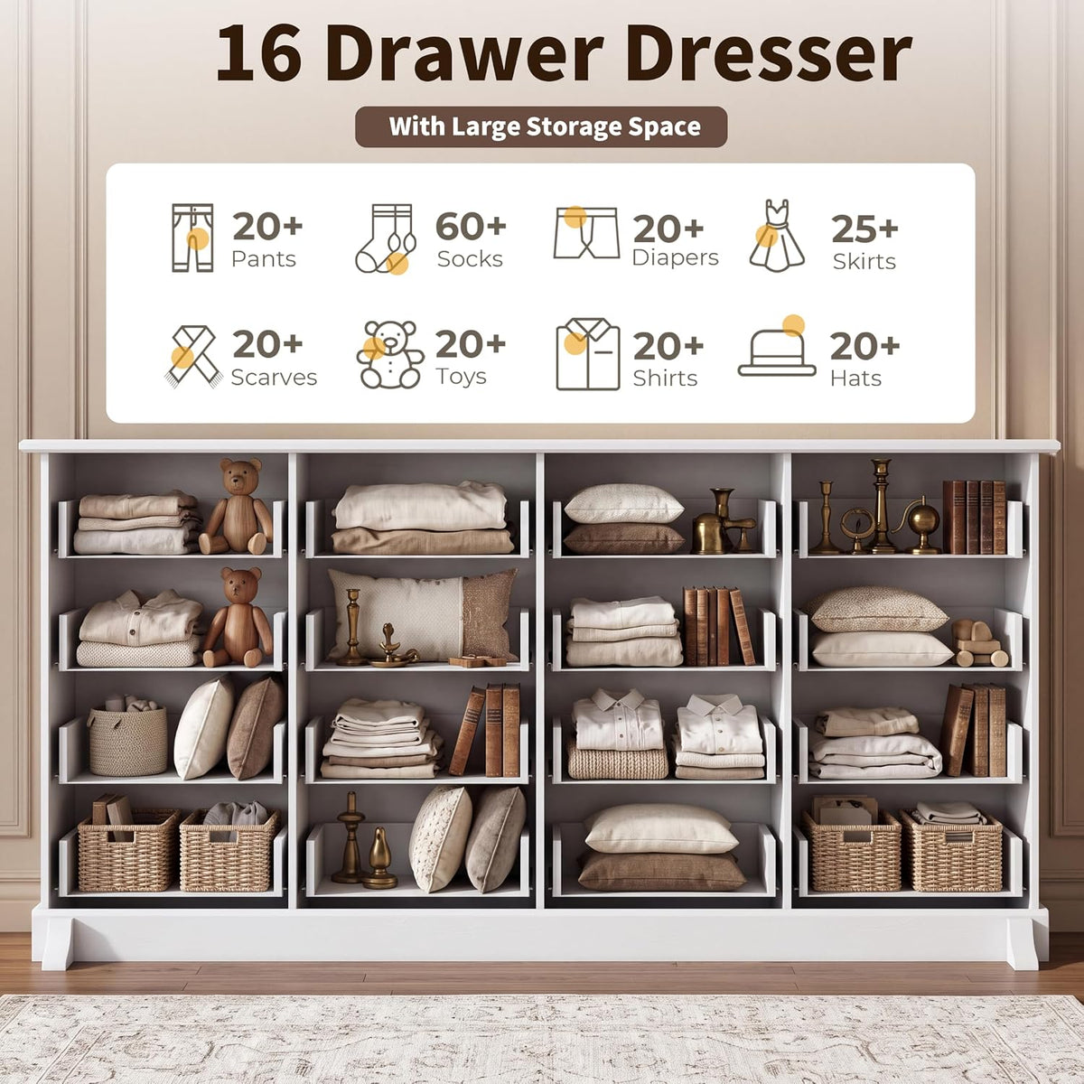Loomie 16-Drawer Dresser for Bedroom, 63-Inch Wide White Dresser