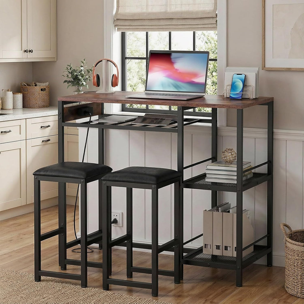 36"W Bar Table and Chairs Set of 2 with Power Outlet & 2 Shelves (Walnut)