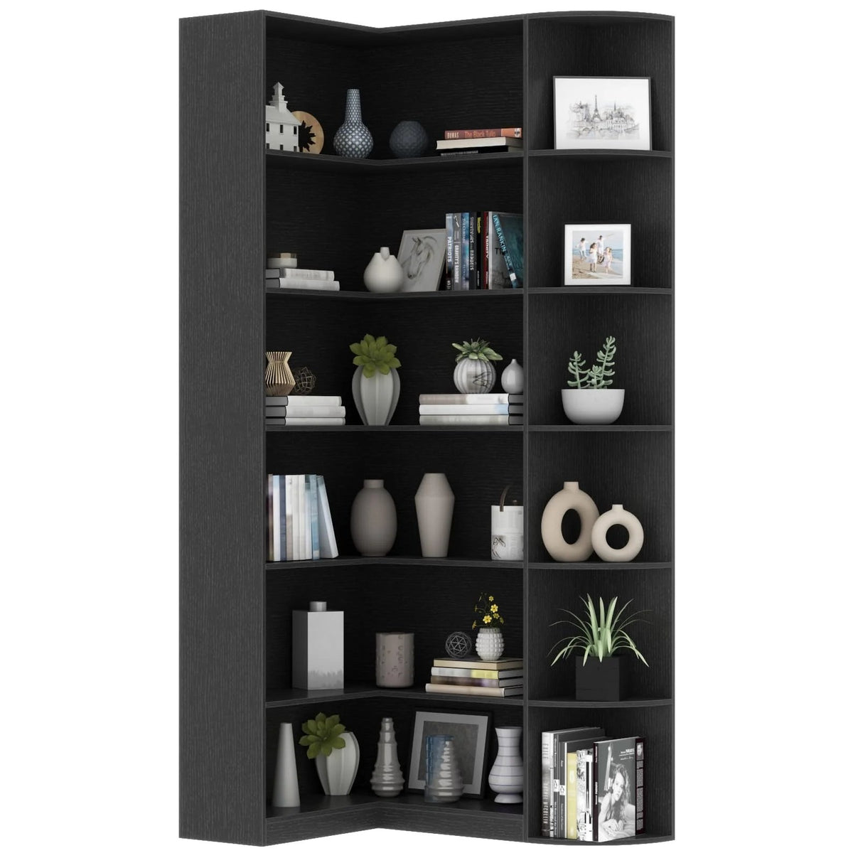 Loomie 6-Tier L-Shaped Corner Bookcase - Modern Industrial Storage Etagere, Rustic Brown