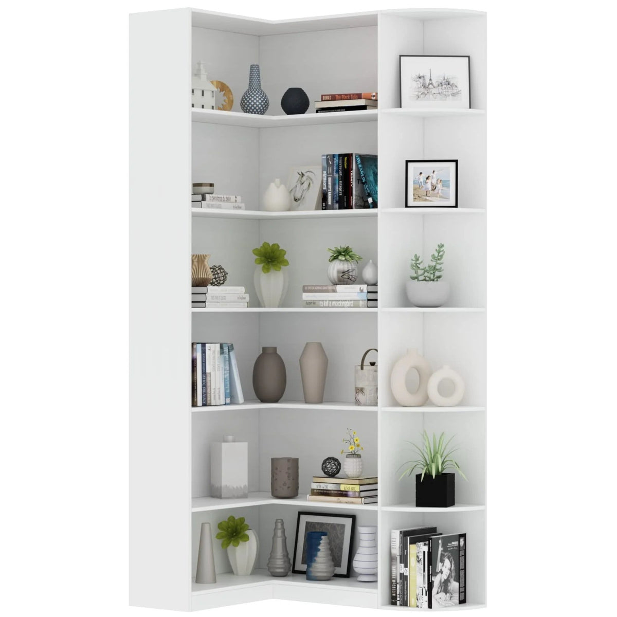 Loomie 6-Tier L-Shaped Corner Bookcase - Modern Industrial Storage Etagere, Rustic Brown