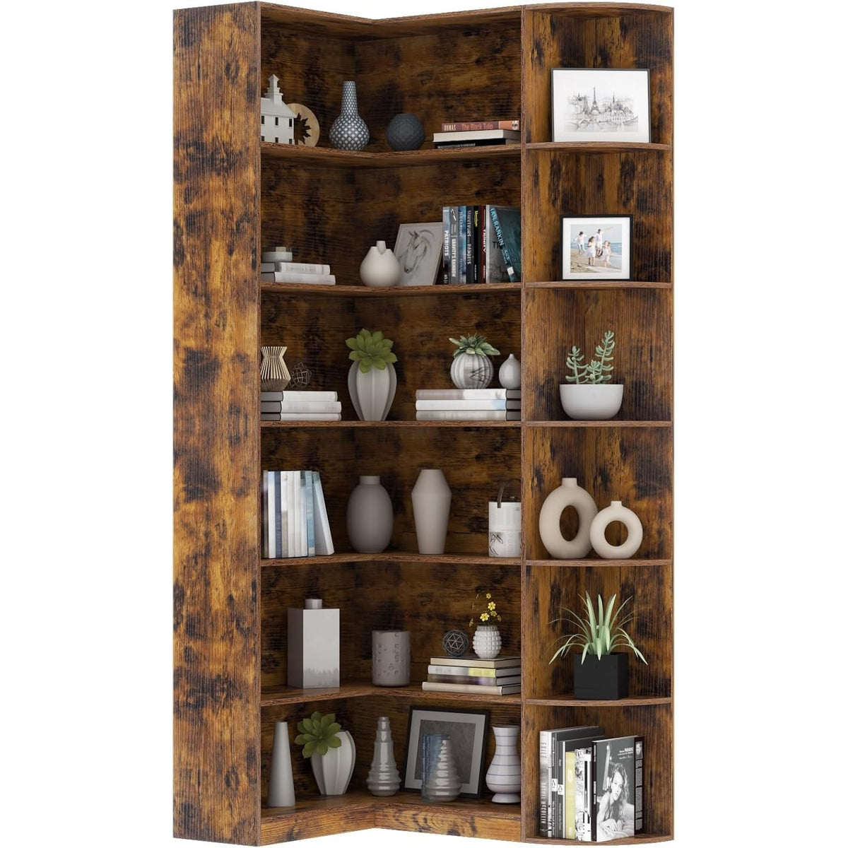 Loomie 6-Tier L-Shaped Corner Bookcase - Modern Industrial Storage Etagere, Rustic Brown