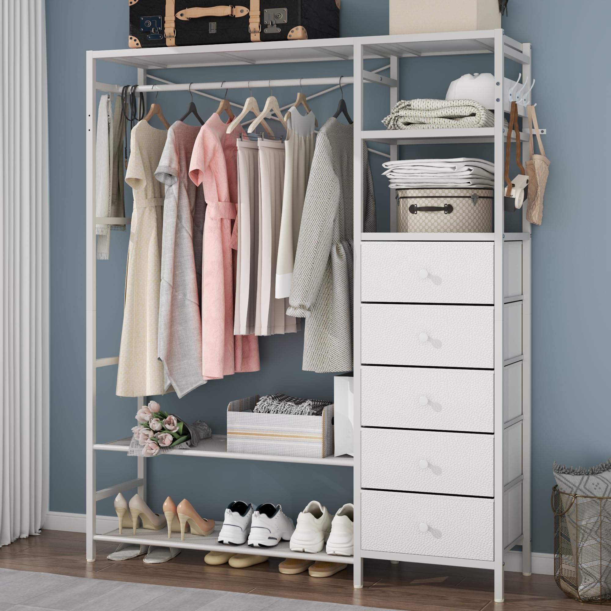 Loomie Heavy Duty Clothes Rack for Hanging Clothes with 5 Shelves & 5 Drawers