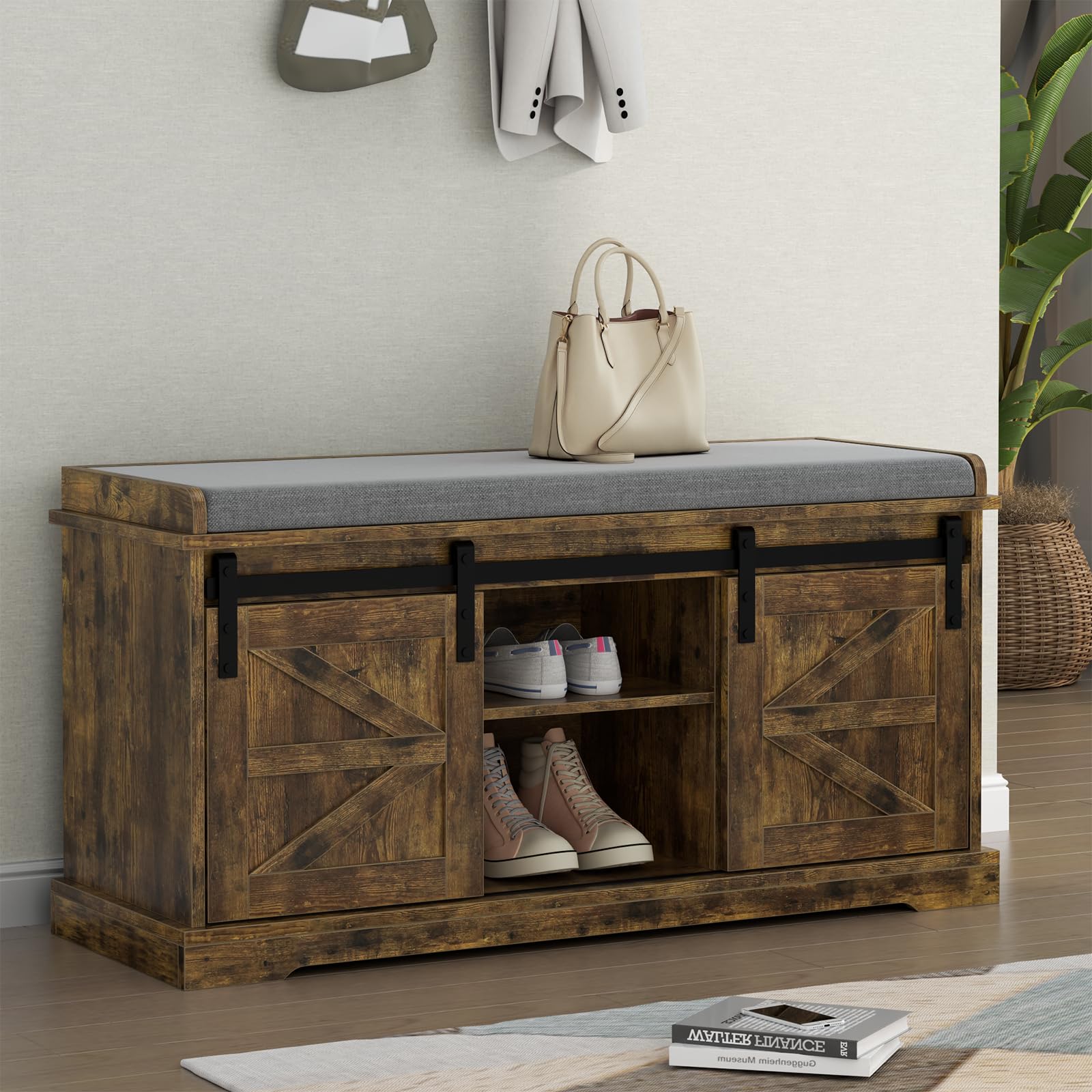 Loomie Shoe Storage Bench, 2-Tier Farmhouse Entryway Bench with Sliding Barn Door Storage Cabinets