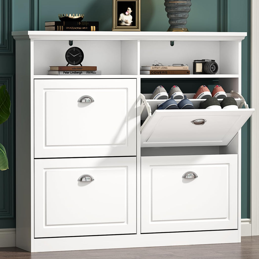 Loomie Shoe Cabinet with 4 Flip Drawers, Freestanding Shoe Storage Cabinet with Open Shelves