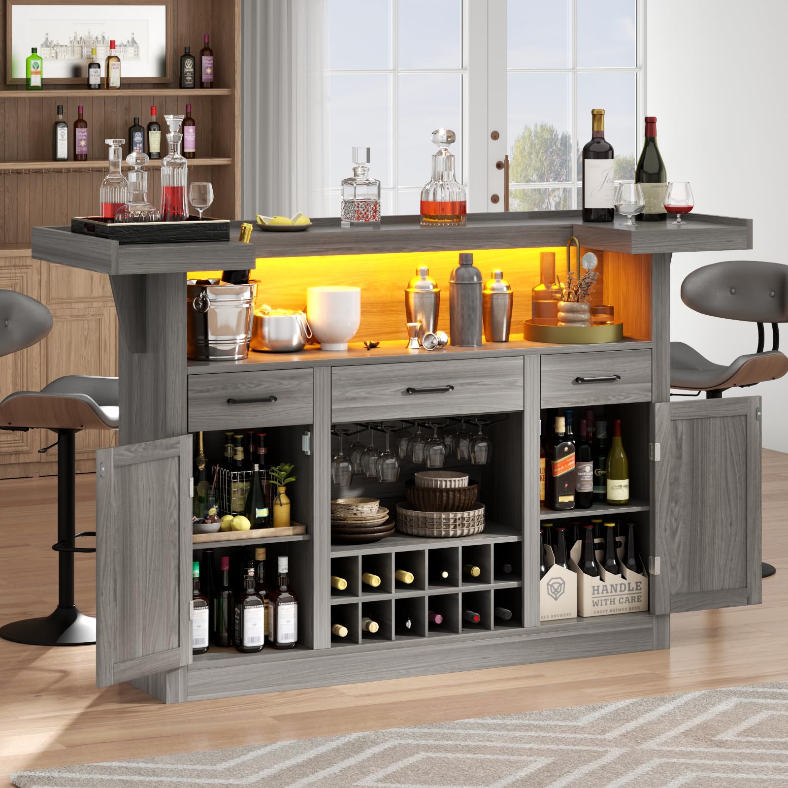 Loomie Bar Table Cabinet with LED & 3 Drawers,Liquor Bar with Adjustable Storage Shelves & Stemware Holders, Crescent Shaped Counter for Home Pub