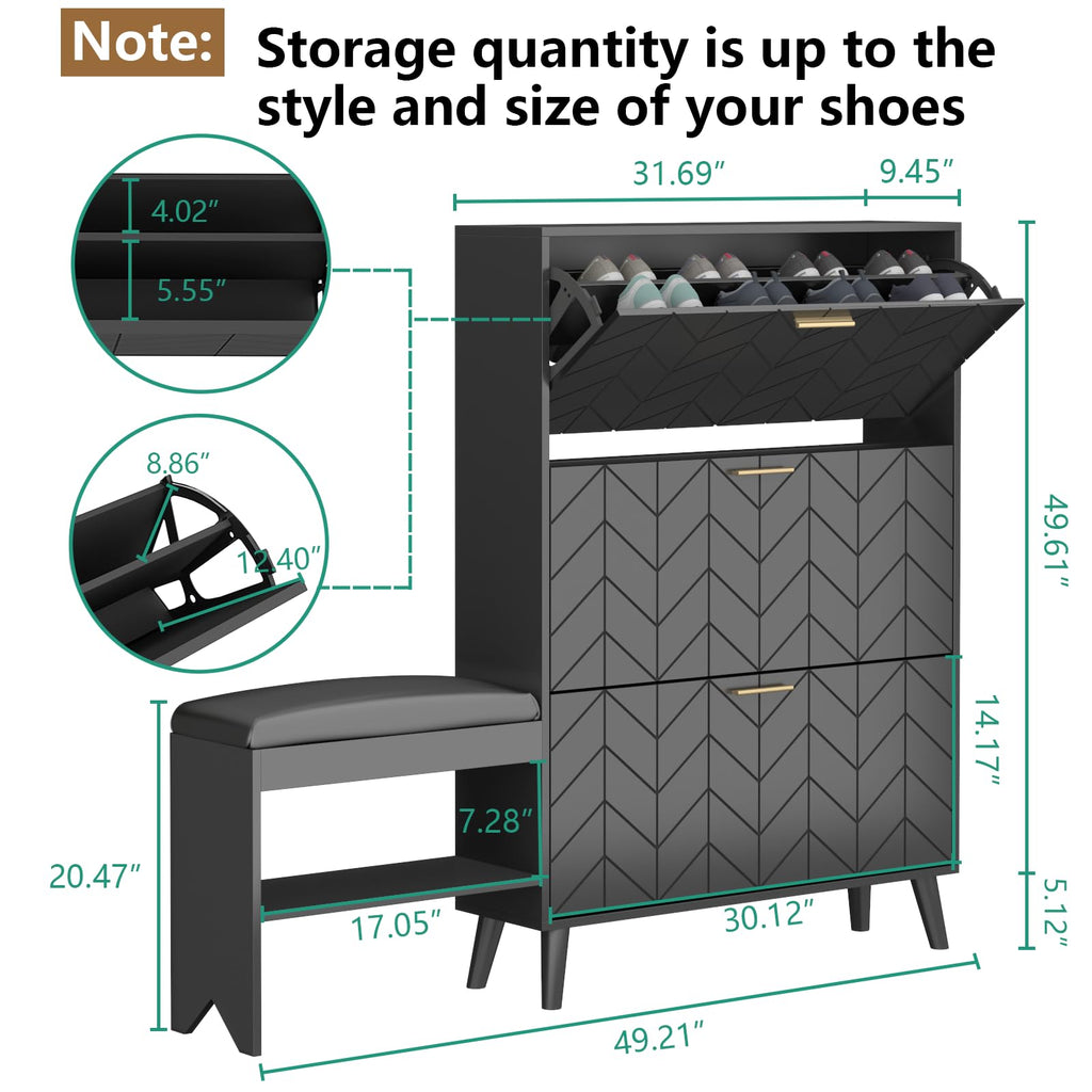Loomie Shoe Cabinet w/3 Flip Drawers, Shoe Storage Cabinet w/Bench for Entryway, Freestanding Narrow Hidden Shoe Rack Organizer