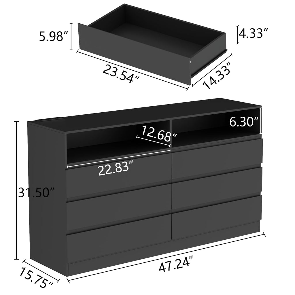 Loomie Drawers Dresser, White Drawer Dresser with Power Outlet, Accent Chests of Drawers with LED Light