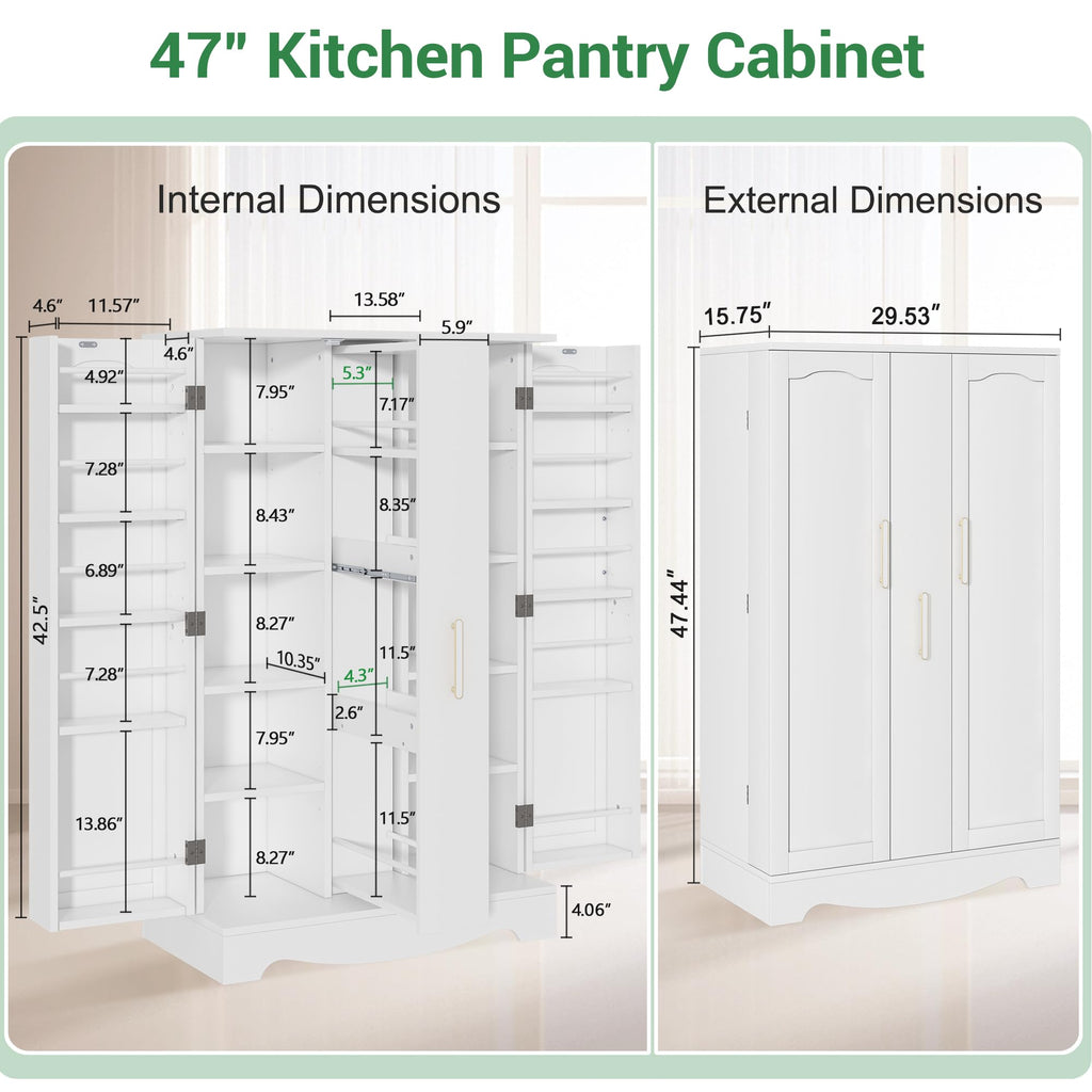 SAUDISM 47" Kitchen Pantry Cabinet with Drawer, Storage Cabinet with Adjustable Shelves