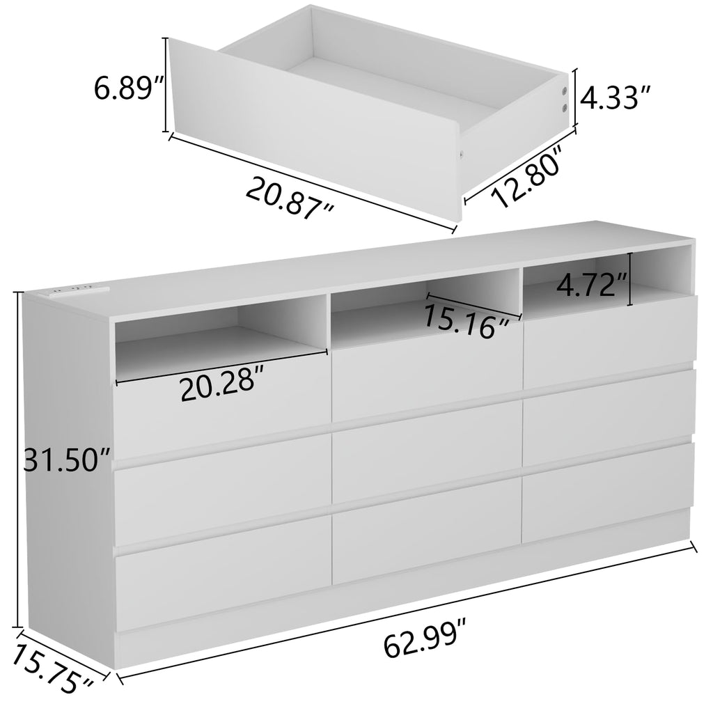 Loomie Drawers Dresser, White Drawer Dresser with Power Outlet, Accent Chests of Drawers with LED Light