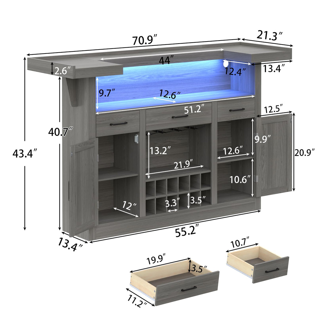 Loomie Bar Table Cabinet with LED & 3 Drawers,Liquor Bar with Adjustable Storage Shelves & Stemware Holders, Crescent Shaped Counter for Home Pub
