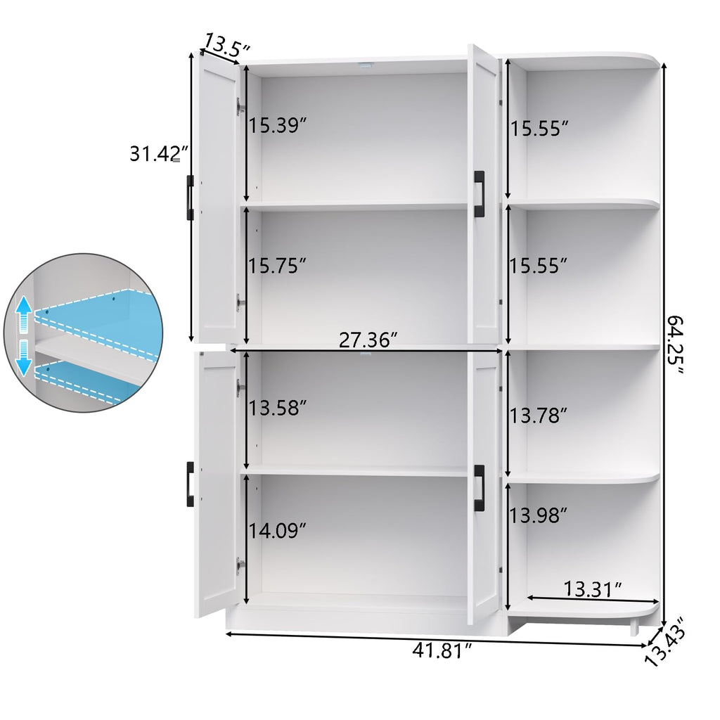 Loomie Kitchen Pantry Storage Cabinet, 64" Tall Freestanding Cupboard with Doors & Adjustable Shelves, Food Pantry Cabinet with 5-Tier External Shelf