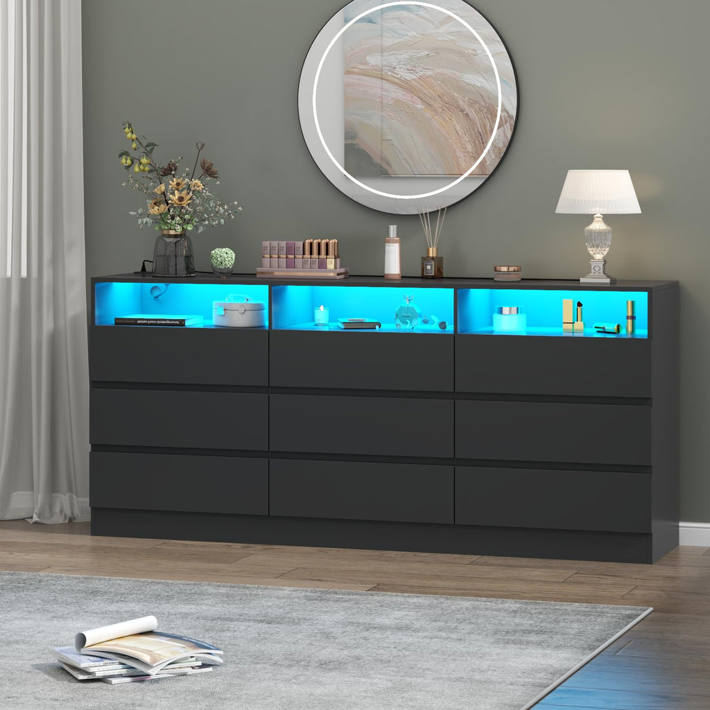 Loomie Drawers Dresser, White Drawer Dresser with Power Outlet, Accent Chests of Drawers with LED Light