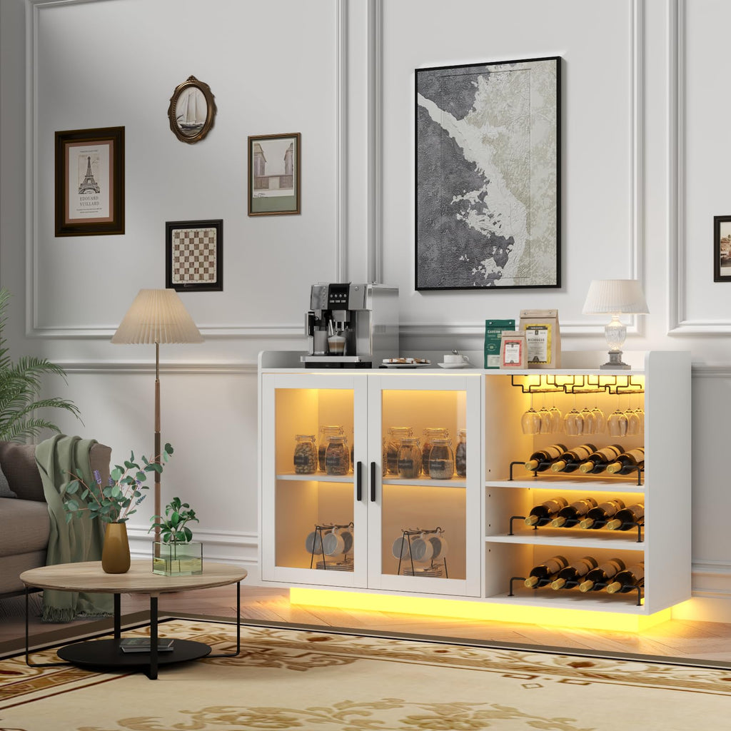 Loomie Wine Bar Cabinet with LED Lights, Floating Coffee Bar with Glass Rack and Removable Wine Racks, Modern Buffet Sideboard with Storage Shelves