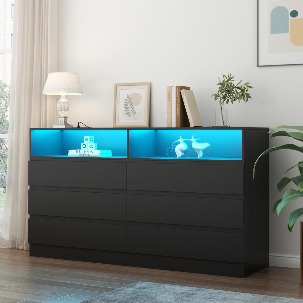 Loomie Drawers Dresser, White Drawer Dresser with Power Outlet, Accent Chests of Drawers with LED Light