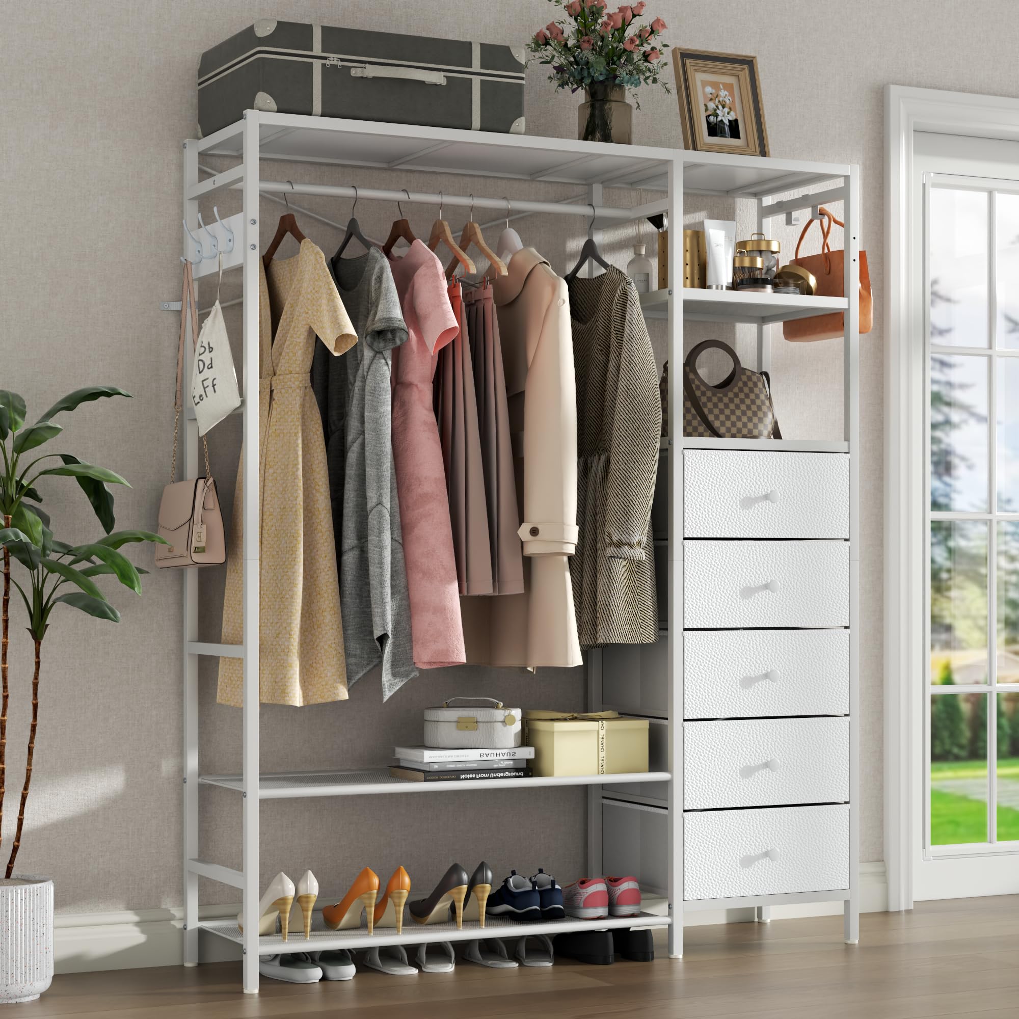 Loomie Heavy Duty Clothes Rack for Hanging Clothes with 5 Shelves & 5 Drawers