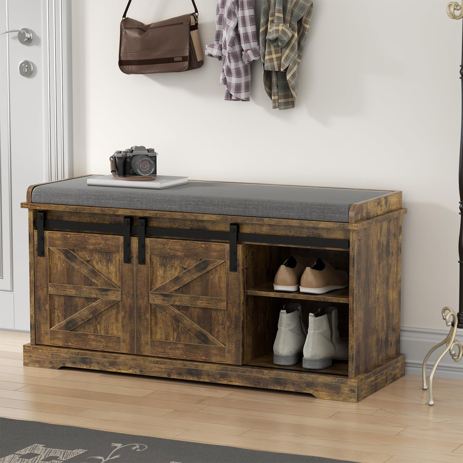 Loomie Shoe Storage Bench, 2-Tier Farmhouse Entryway Bench with Sliding Barn Door Storage Cabinets