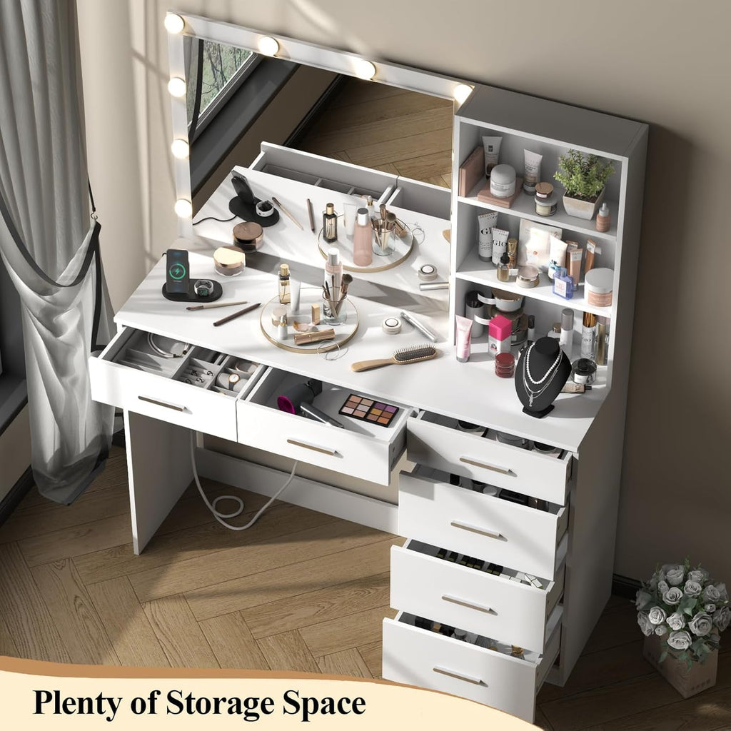 Loomie Vanity Desk with Lighted Mirror & Power Outlet, Makeup Table