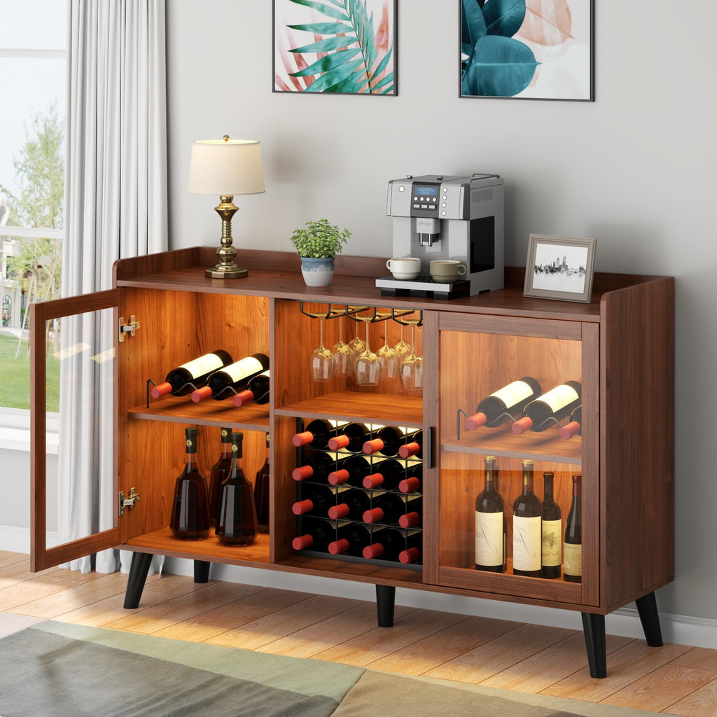 Loomie Wine Bar Cabinet with LED Light, Home Coffee Cabinet with Wine Rack and Glass Holder, Kitchen Buffet Sideboard W Storage Shelf