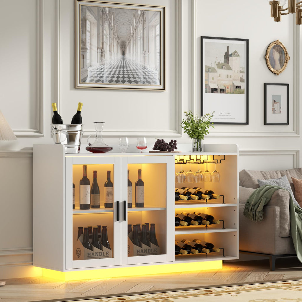 Loomie Wine Bar Cabinet with LED Lights, Floating Coffee Bar with Glass Rack and Removable Wine Racks, Modern Buffet Sideboard with Storage Shelves