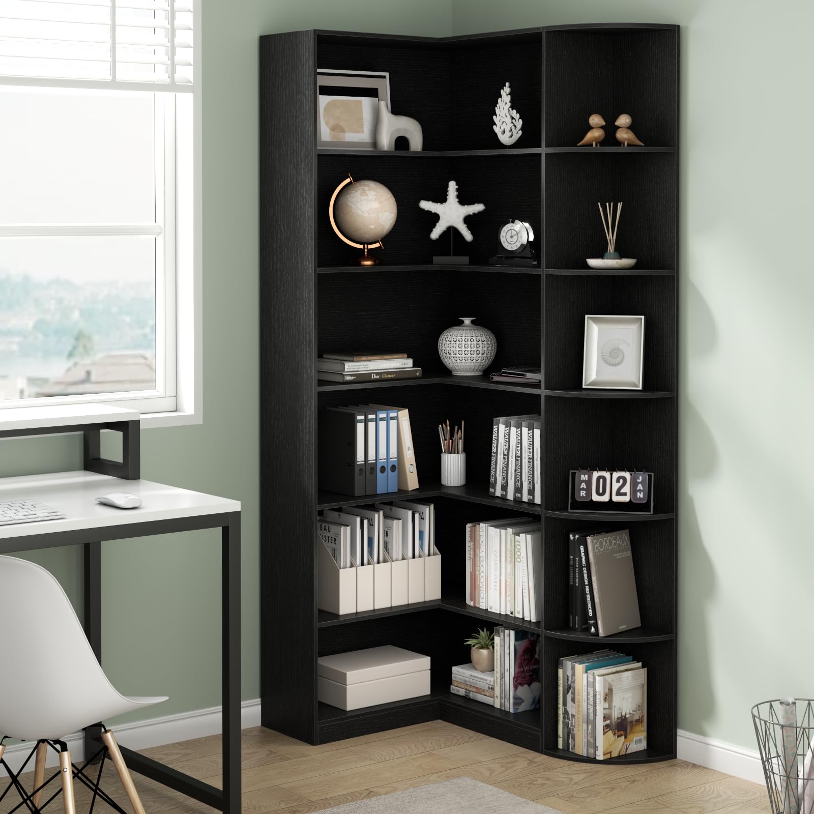 Loomie White Book Shelf, 6 Tiers Shelf Large Tall Corner Etagere Bookcase with Full Baffle, L-Shaped Modern Storage Display Industrial Bookshelves