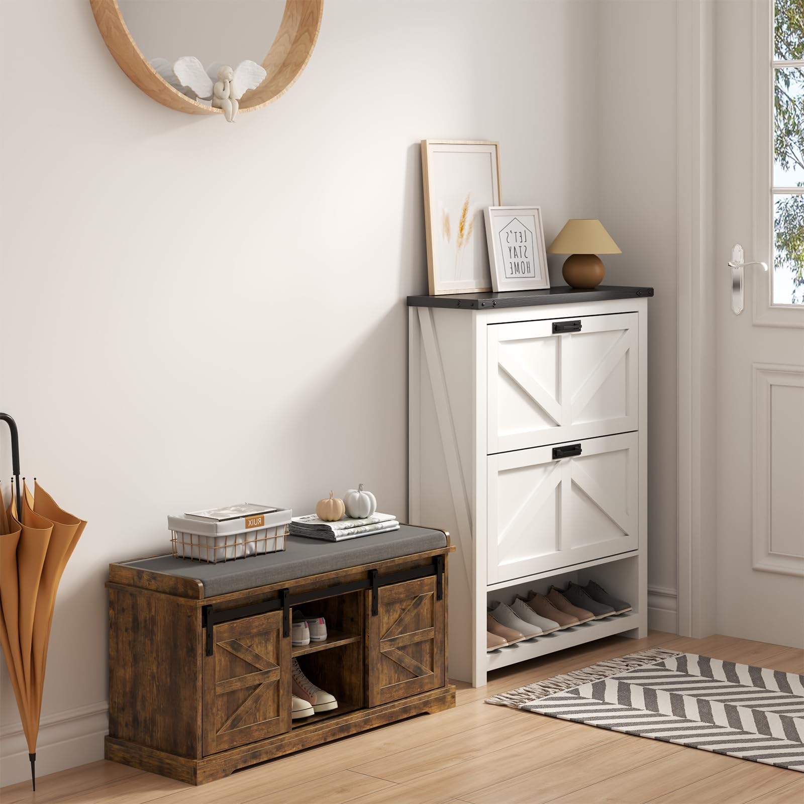 Loomie Shoe Storage Bench, 2-Tier Farmhouse Entryway Bench with Sliding Barn Door Storage Cabinets